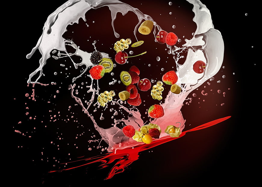 Dynamic Splash of Mixed Berries and Milk on Black Background