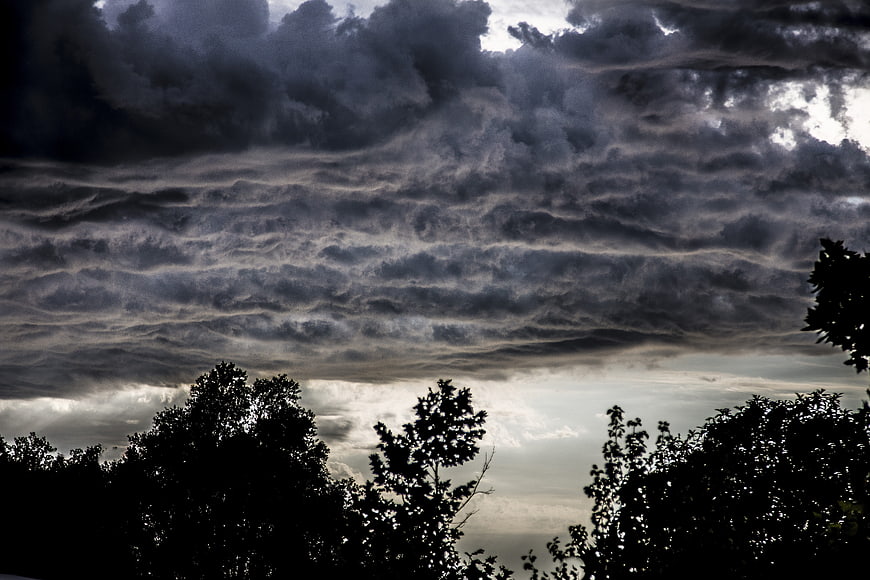 Dramatic storm clouds over silhouetted tree line