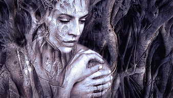 Surreal Woman Merging with Tree Roots and Bark