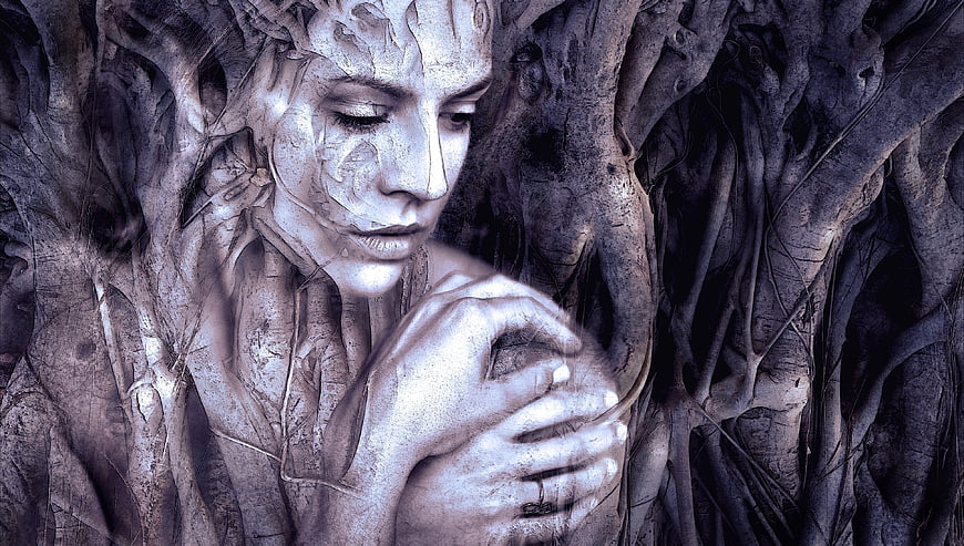 Surreal Woman Merging with Tree Roots and Bark
