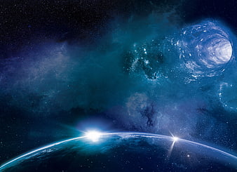 Futuristic Space Scene With Planet Horizon And Glowing Wormhole Tunnel