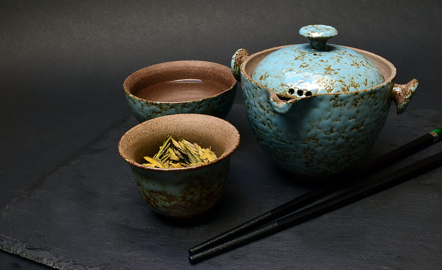 Handcrafted Ceramic Tea Set With Green Tea Leaves And Chopsticks