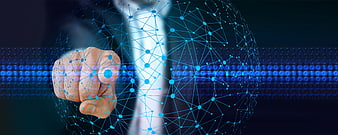 Hand touching digital network globe with binary code background