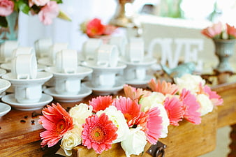 Wedding Tea Station with Pink Gerberas and White Cups