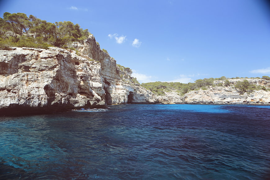 Scenic coastal cliffs with turquoise sea and pine trees