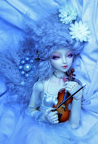 Blue Ball-Jointed Doll Playing Violin With White Flowers