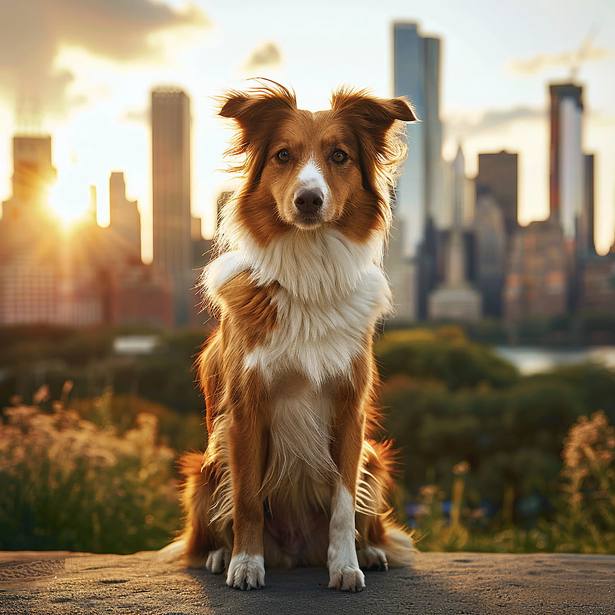 Fluffy Brown and White Dog Sitting with City Skyline at Sunset