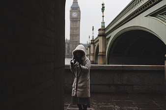 Woman with Camera in London Near Big Ben