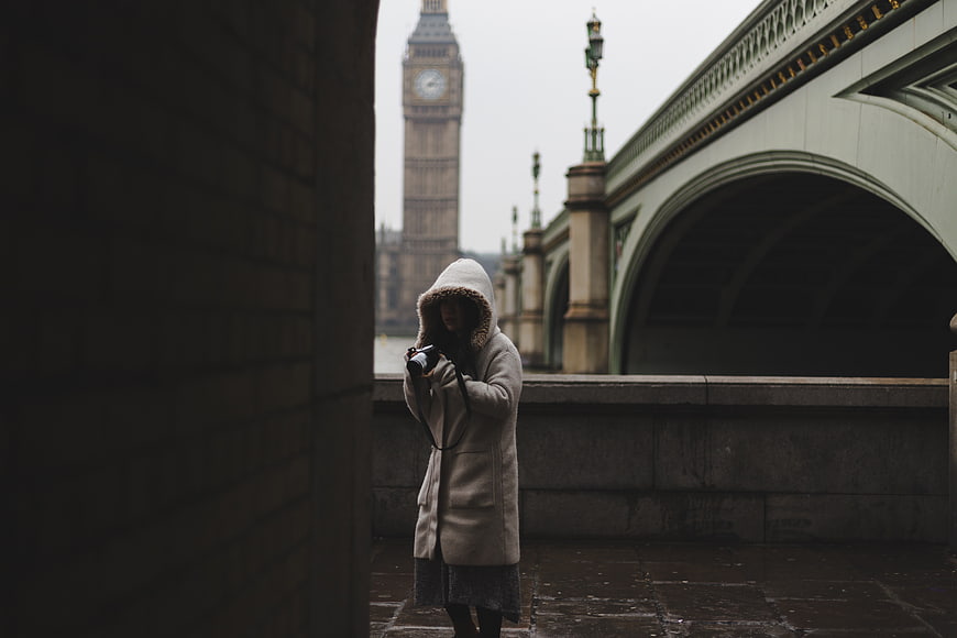 Woman with Camera in London Near Big Ben