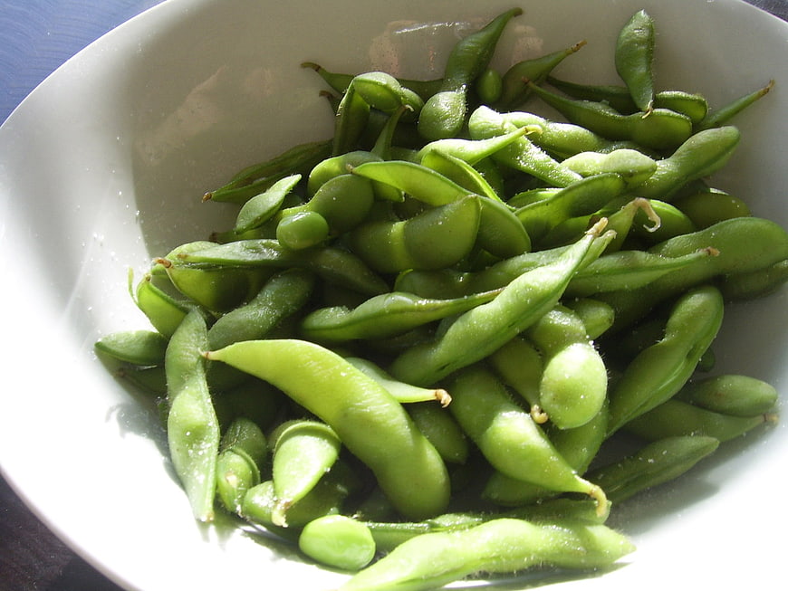 Fresh Green Edamame Soybeans in White Bowl