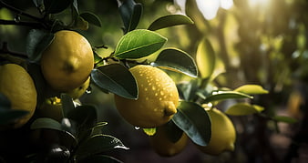 Fresh Yellow Lemons on Tree with Water Droplets