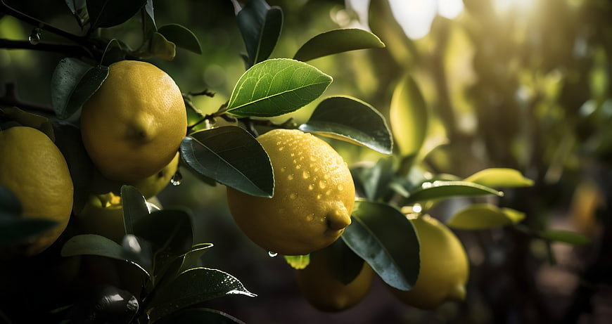 Fresh Yellow Lemons on Tree with Water Droplets