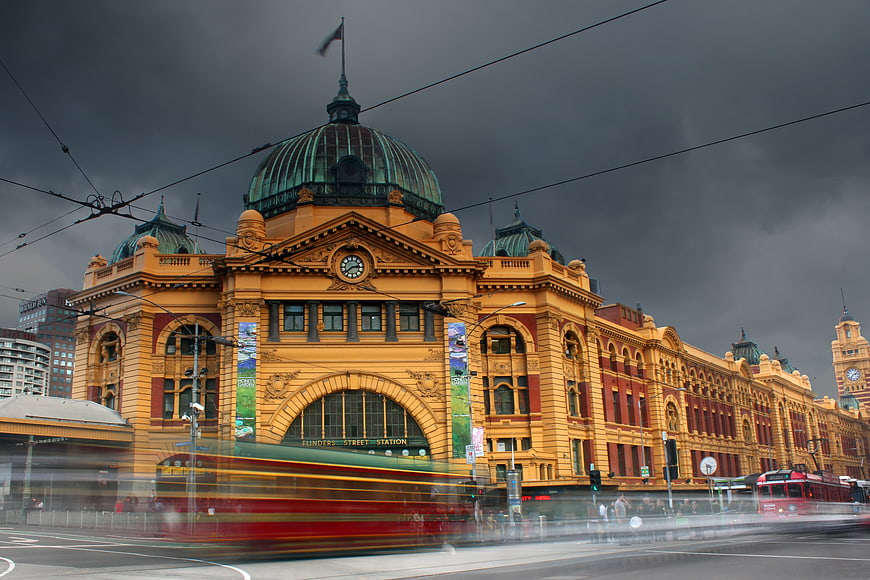 Flinders Street Station Melbourne with motion blur trams