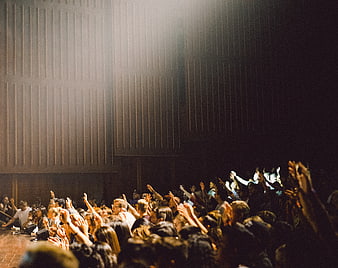 Crowd raising hands in worship at a concert or church