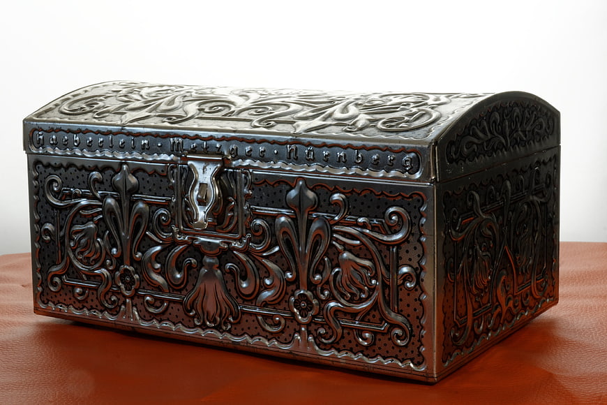 Antique Tin Storage Box With Ornate Engraved Floral Design