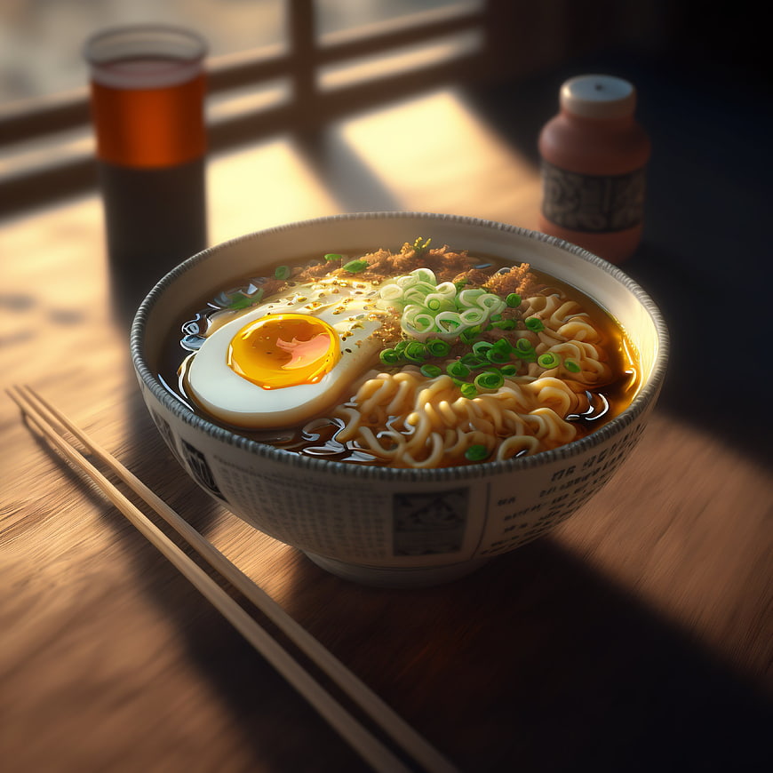 Delicious Ramen Bowl with Soft Boiled Egg and Chopsticks