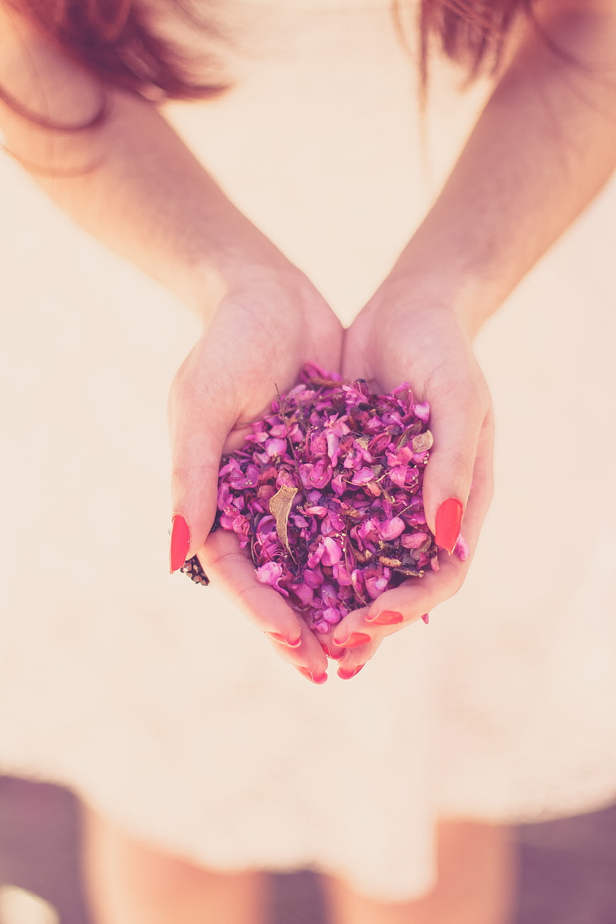 Woman holding dried rose petals in cupped hands