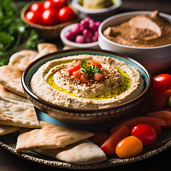 Close-up of creamy hummus with pita bread and fresh vegetables