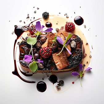 Gourmet dessert with berries, chocolate sauce, and edible flowers