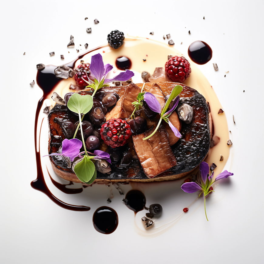 Gourmet dessert with berries, chocolate sauce, and edible flowers