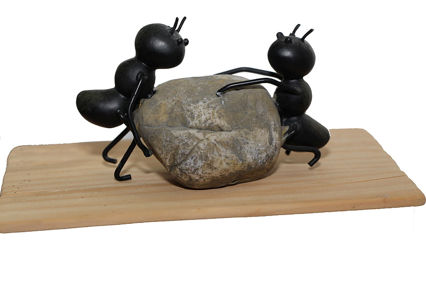 Two Black Wire Ant Sculptures Carrying A Large Stone