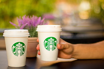 Hands holding Starbucks coffee cups outdoors