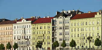 Colorful historic apartment buildings in Prague cityscape