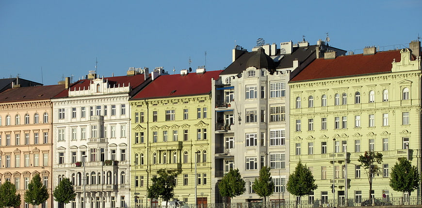 Colorful historic apartment buildings in Prague cityscape