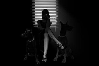 Mysterious woman with two black dogs in dramatic black and white noir style