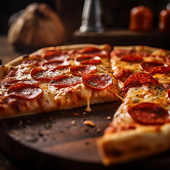 Close-up of pepperoni pizza slice on wooden board