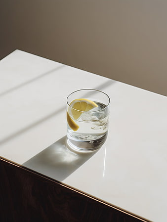 Glass of water with lemon slice on white table