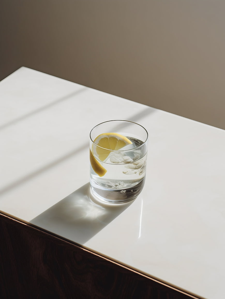 Glass of water with lemon slice on white table