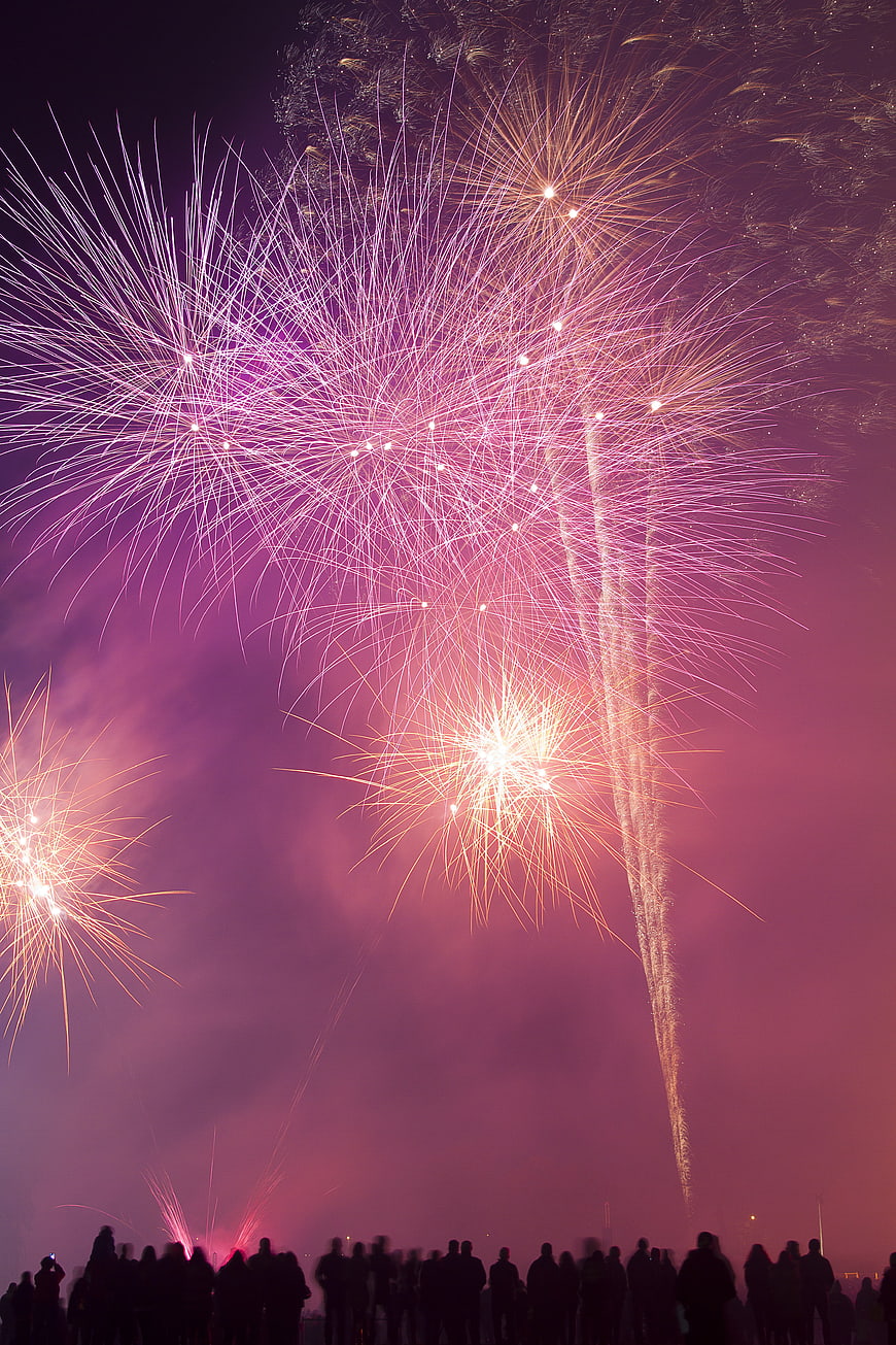 Vibrant purple and gold fireworks exploding over a crowd at night
