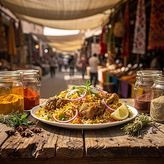 Delicious Chicken Biryani with Spices in a Market