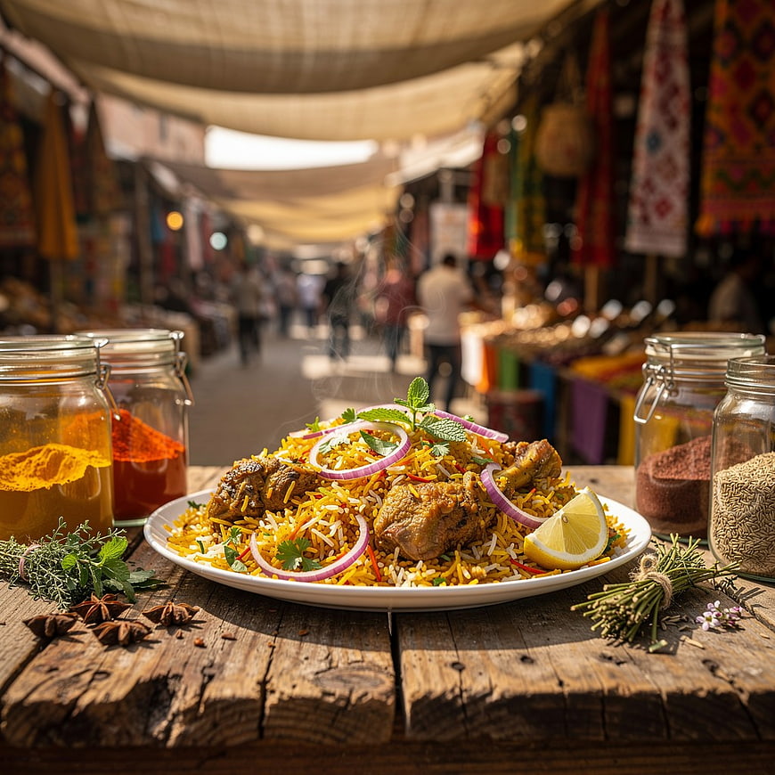 Delicious Chicken Biryani with Spices in a Market