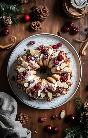 Festive Cranberry Almond Wreath Pastry on Wooden Table