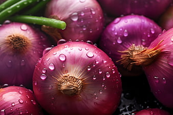 Fresh Red Onions with Water Droplets Close-Up