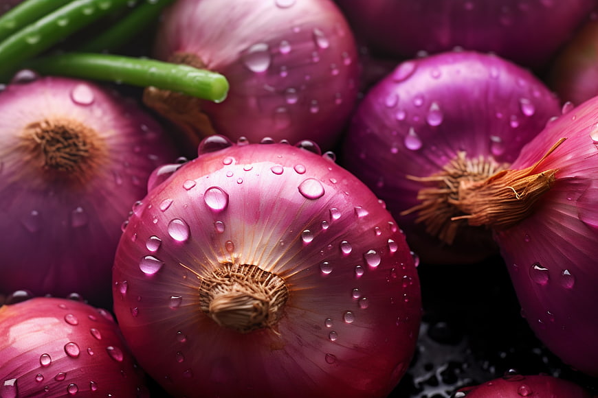 Fresh Red Onions with Water Droplets Close-Up