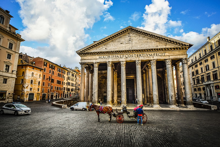 Pantheon Rome Italy with Horse Carriage and Blue Sky
