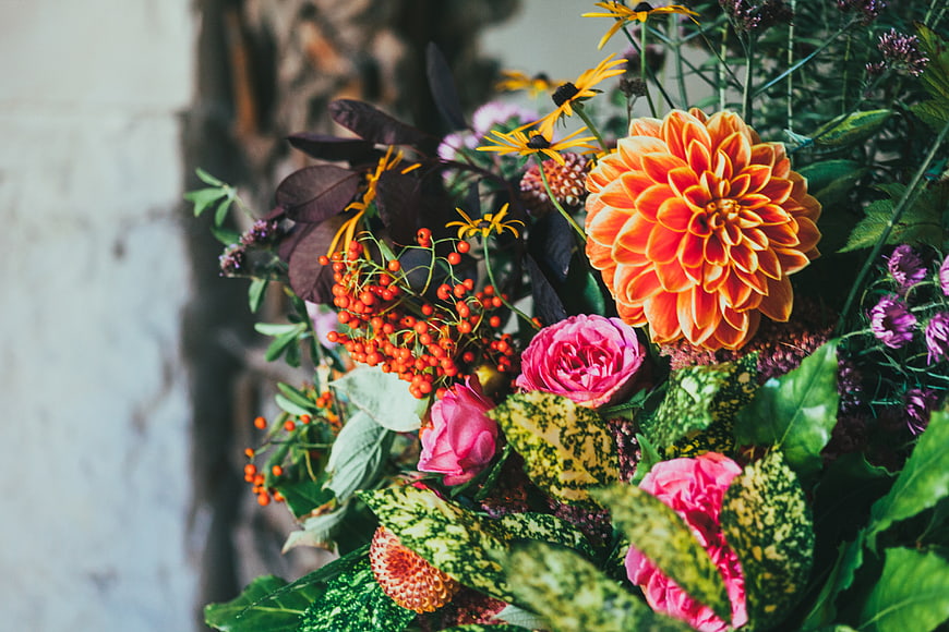 Vibrant Orange Dahlia and Pink Rose Floral Bouquet