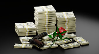 Stacks of Cash with Pistol and Red Rose on Black Background