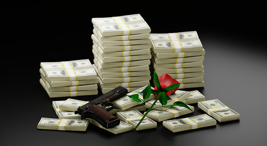 Stacks of Cash with Pistol and Red Rose on Black Background