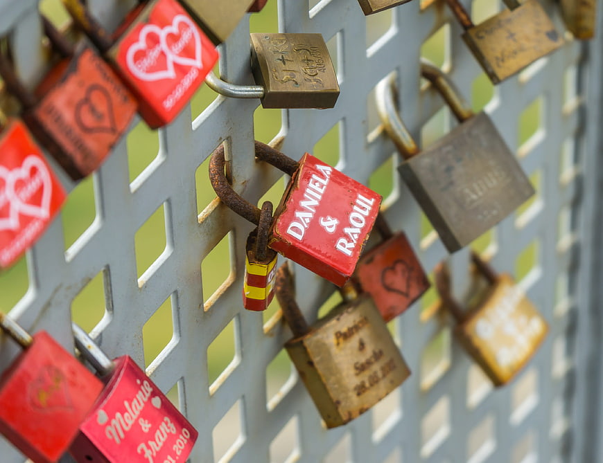 Red and brass love padlocks on metal fence