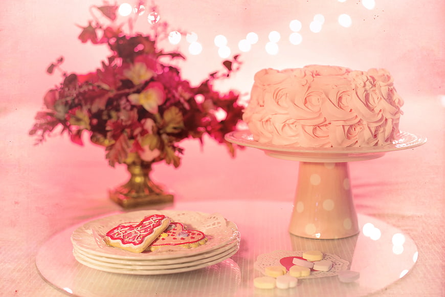 Pink Valentine's Day Cake and Cookies on Stand