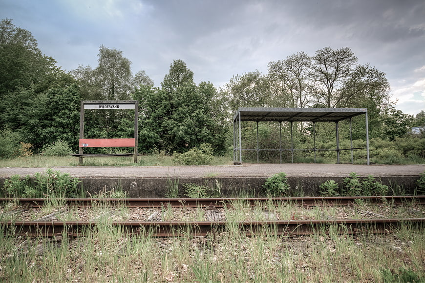 Abandoned Wildervank Train Station Platform with Overgrown Tracks