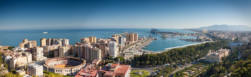 Panoramic view of Malaga city, port, and bullring