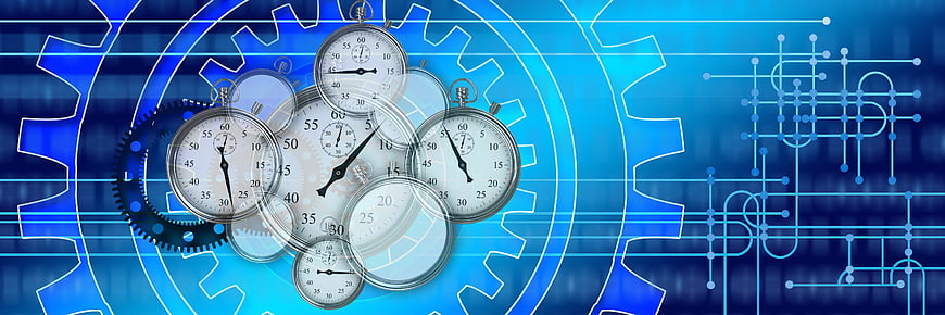 Blue Stopwatch Gears and Circuit Board Time Management Concept