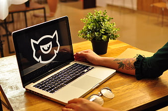 Person with tattoo using laptop with logo on wooden desk
