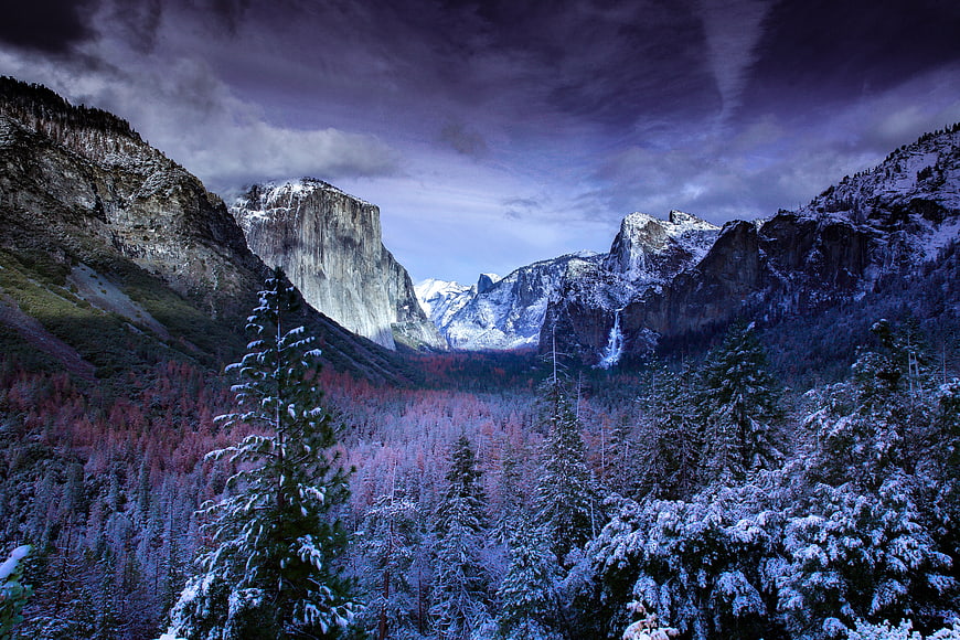 Dramatic Winter Yosemite Valley Landscape with Snow-Covered Peaks