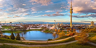 Panoramic View of Munich Olympic Park and Olympiaturm at Sunset